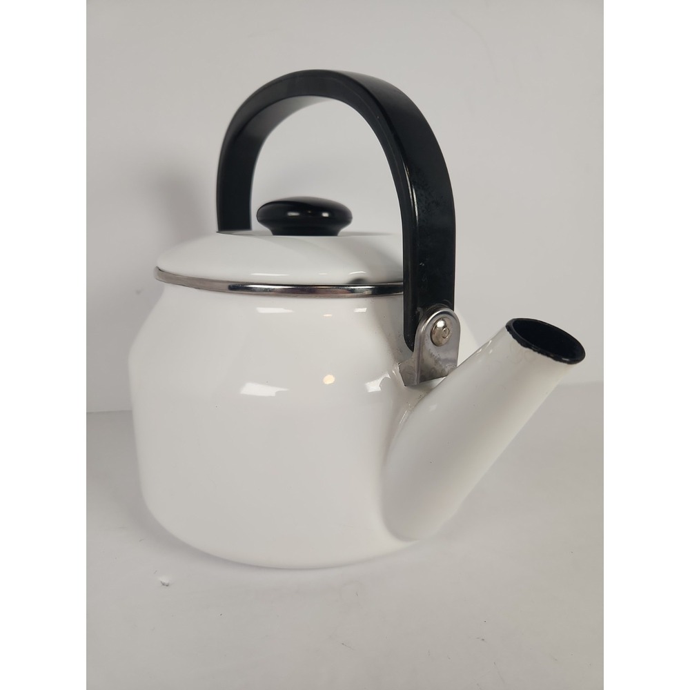 Vintage Siam Fuji Ware White Enamelware Tea Kettle 2 Qt Thailand Blue Interior